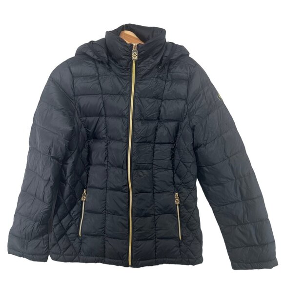 Michael Kors Women Jacket Sz M Black Packable Down Quilted Nylon Hooded Designer - Picture 1 of 13